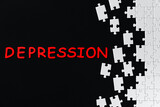 White gray pieces of puzzles are scattered, stacked on right side of black background. Red inscription on left of canvas. Problem of depression, self destruction concept. Find solution, support, help.