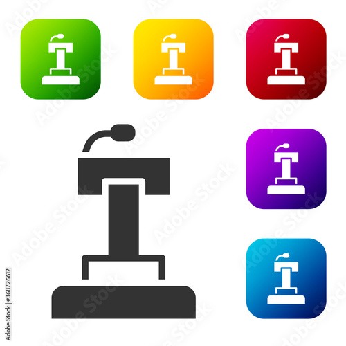 Black Stage stand or debate podium rostrum icon isolated on white background. Conference speech tribune. Set icons in color square buttons. Vector.