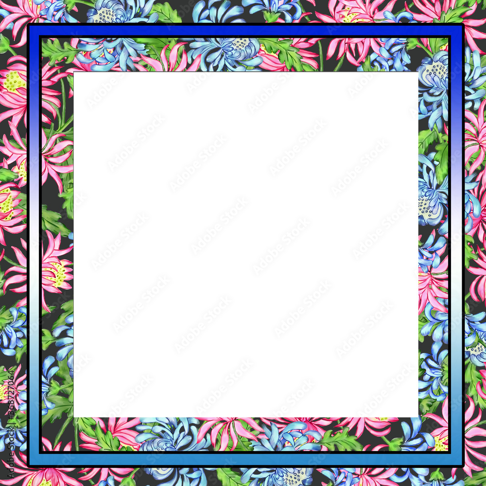 Creative composition with a close-up image of a decorative frame. The frame consists of flowers, bouquets, petals, and geometric shapes. Abstraction. Illustration for printing on paper and fabric. Creative composition with a close-up image of a decorative frame. The frame consists of flowers, bouquets, petals, and geometric shapes. Abstraction. Illustration for printing on paper and fabric.