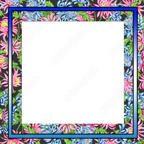 Creative composition with a close-up image of a decorative frame. The frame consists of flowers, bouquets, petals, and geometric shapes. Abstraction. Illustration for printing on paper and fabric.
