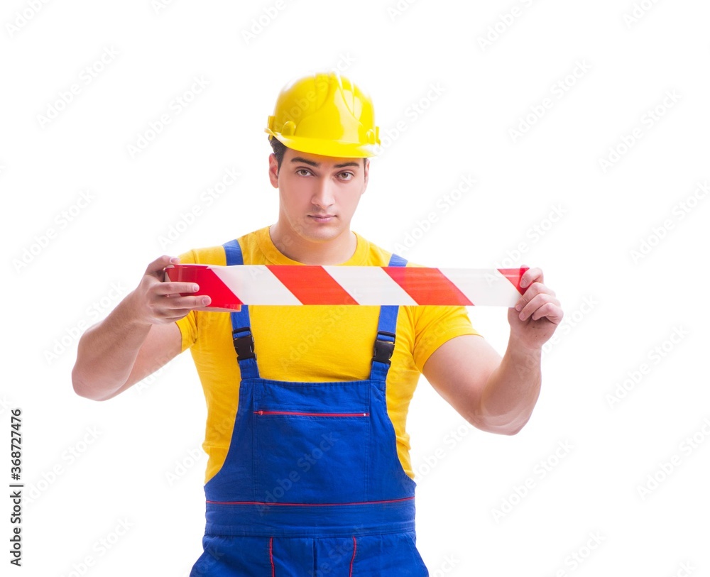 Funny worker wearing coveralls with tape Funny worker wearing coveralls with tape