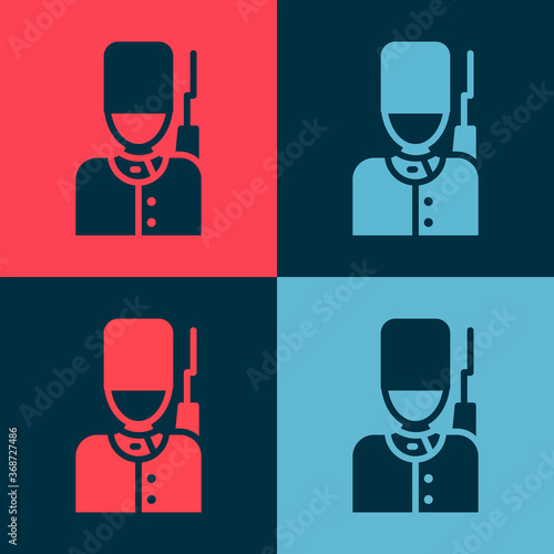 Fotografie Pop art British guardsman with bearskin hat marching icon isolated on color background