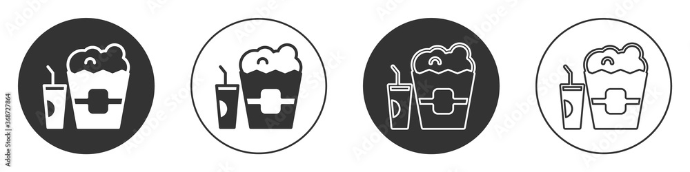 Black Popcorn in cardboard box and paper glass with drinking straw and water icon isolated on white background. Soda drink glass. Circle button. Vector. Black Popcorn in cardboard box and paper glass with drinking straw and water icon isolated on white background. Soda drink glass. Circle button. Vector.