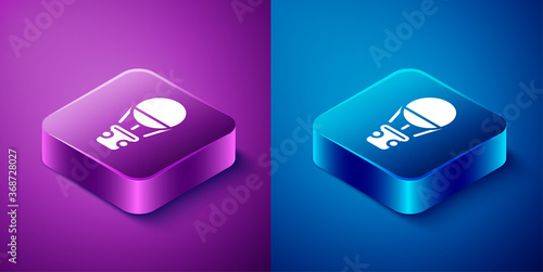 Isometric Hot air balloon icon isolated on blue and purple background. Air transport for travel. Square button. Vector.