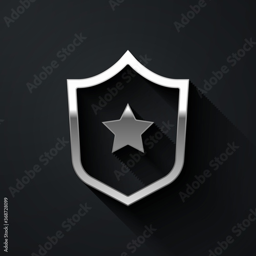 Silver Police badge icon isolated on black background. Sheriff badge sign. Shield with star symbol. Long shadow style. Vector.