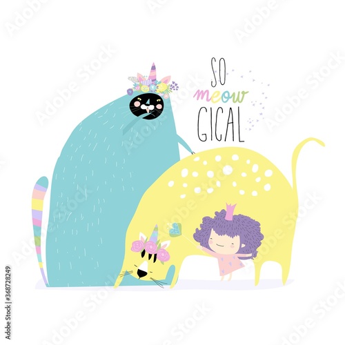 Princess with his beloved caticorns on white background