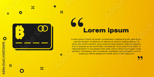 Black Credit card with bitcoin icon isolated on yellow background. Online payment. Cash withdrawal. Modern method of payment. Vector.
