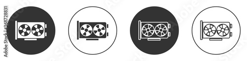 Black Video graphic card icon isolated on white background. Circle button. Vector.