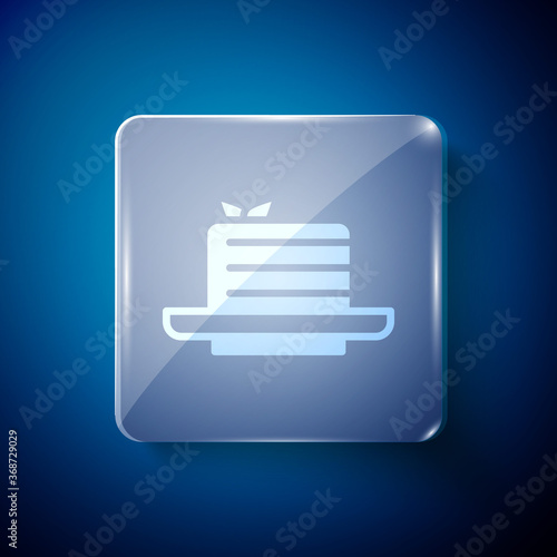 White Medovik icon isolated on blue background. Honey layered cake or russian cake Medovik on plate. Square glass panels. Vector.