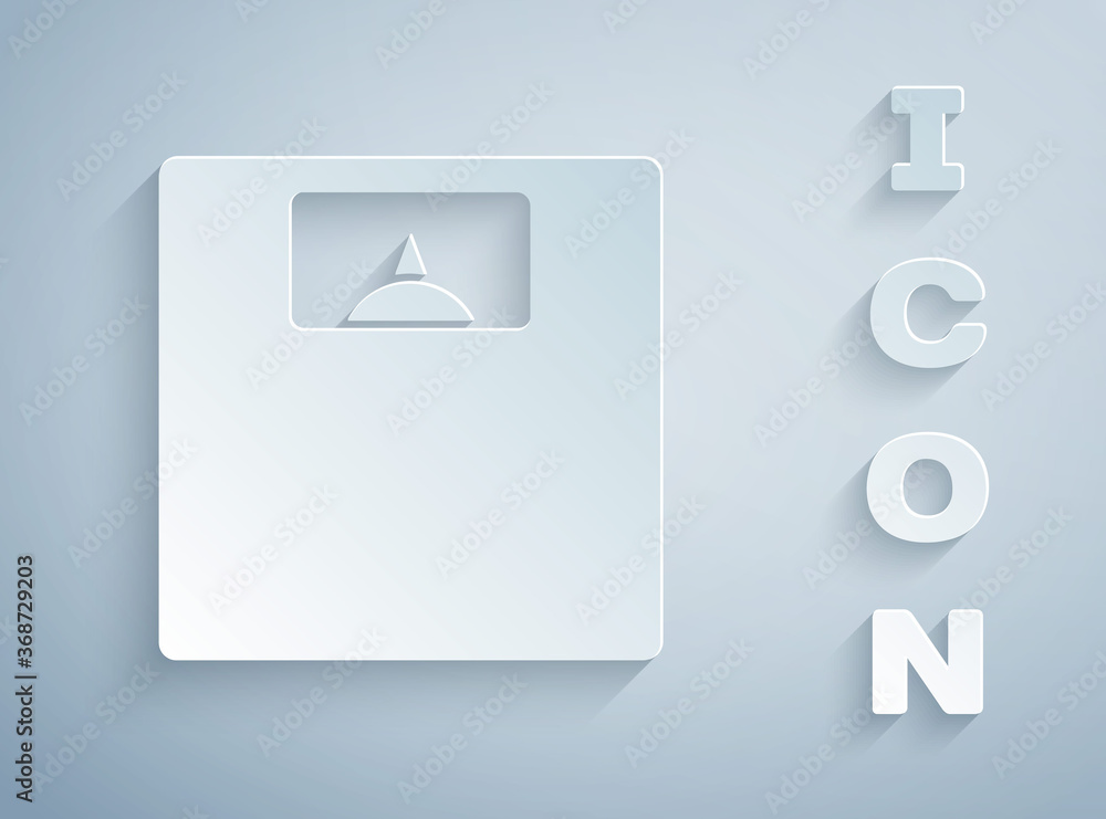 Paper cut Bathroom scales icon isolated on grey background. Weight measure Equipment. Weight Scale fitness sport concept. Paper art style. Vector. Paper cut Bathroom scales icon isolated on grey background. Weight measure Equipment. Weight Scale fitness sport concept. Paper art style. Vector.