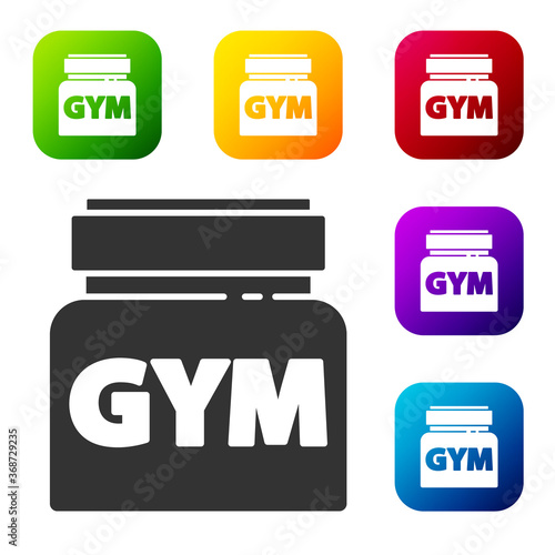 Black Sports nutrition bodybuilding proteine power drink and food icon isolated on white background. Set icons in color square buttons. Vector.