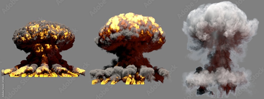 3D illustration of explosion - 3 big different phases fire mushroom cloud explosion of fusion bomb with smoke and flame isolated on grey background 3D illustration of explosion - 3 big different phases fire mushroom cloud explosion of fusion bomb with smoke and flame isolated on grey background