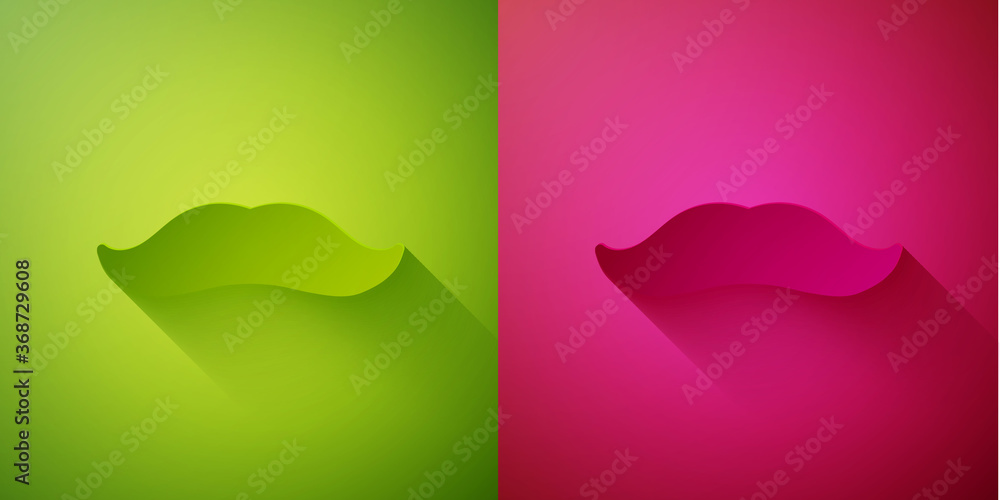 Paper cut Mustache icon isolated on green and pink background. Barbershop symbol. Facial hair style. Paper art style. Vector.