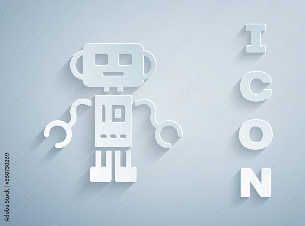 Obraz premium Paper cut Robot toy icon isolated on grey background. Paper art style. Vector.