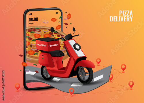 Vector illustration of pizza mobile online delivery service