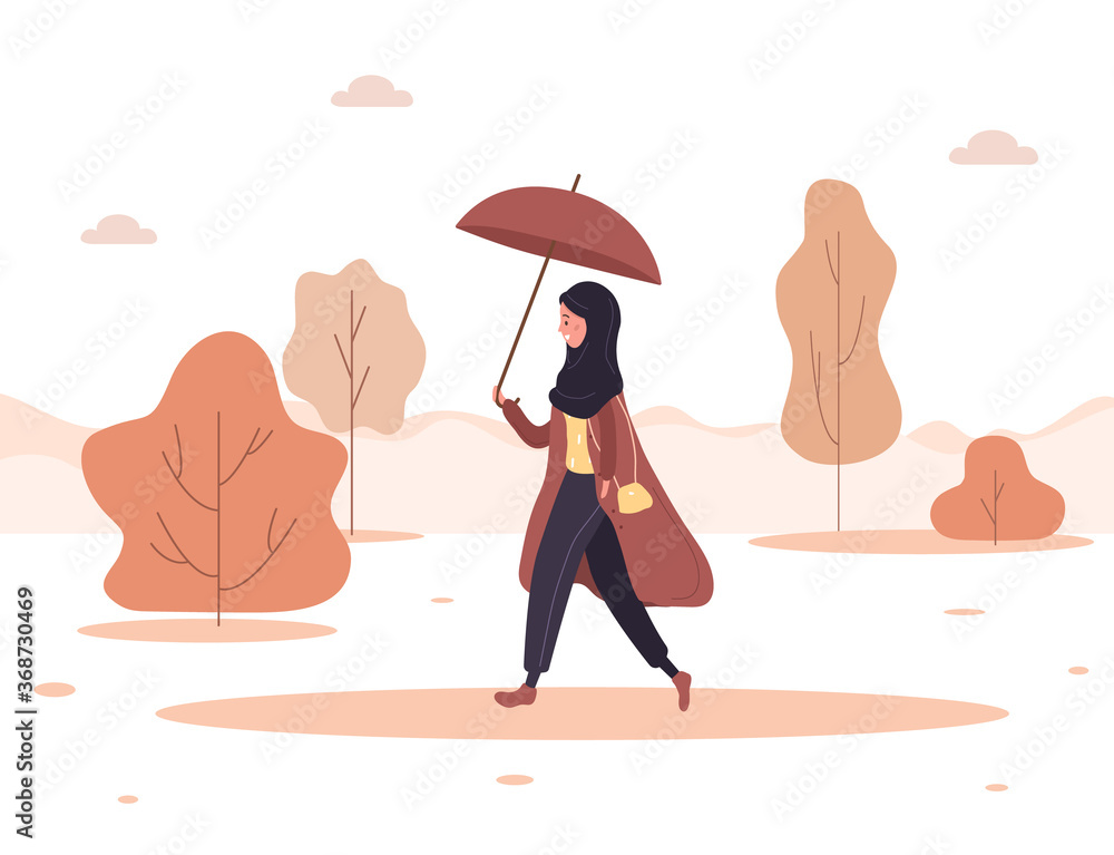 Autumn background. Young arab woman in hijab and coat with umbrella goes to work, to store or walks in park. Female character going in rain. Vector illustration in flat style.