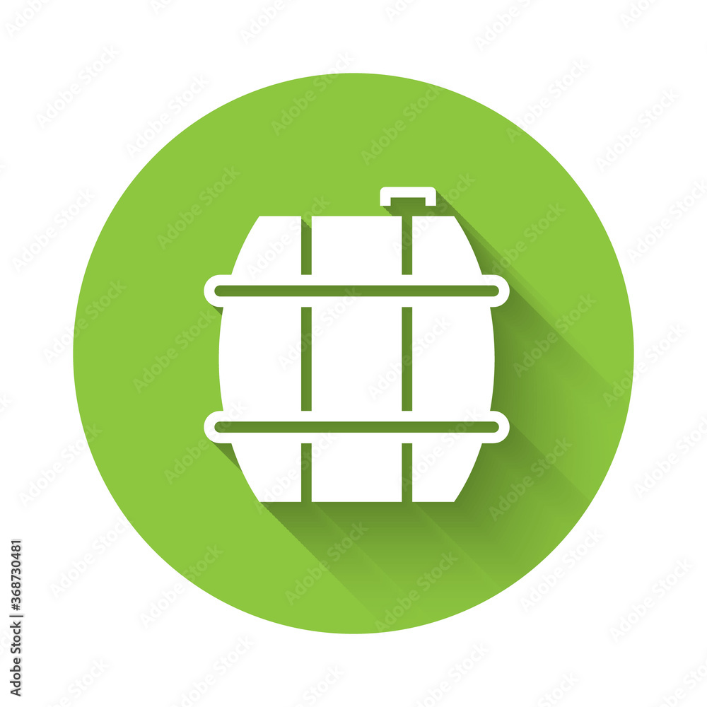 White Wooden barrel for wine icon isolated with long shadow. Green circle button. Vector. White Wooden barrel for wine icon isolated with long shadow. Green circle button. Vector.