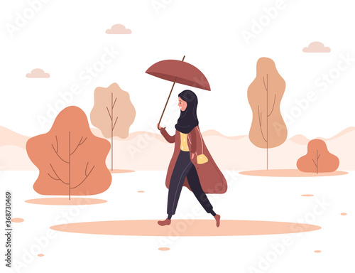 Autumn background. Young arab woman in hijab and coat with umbrella goes to work, to store or walks in park. Female character going in rain. Vector illustration in flat style.