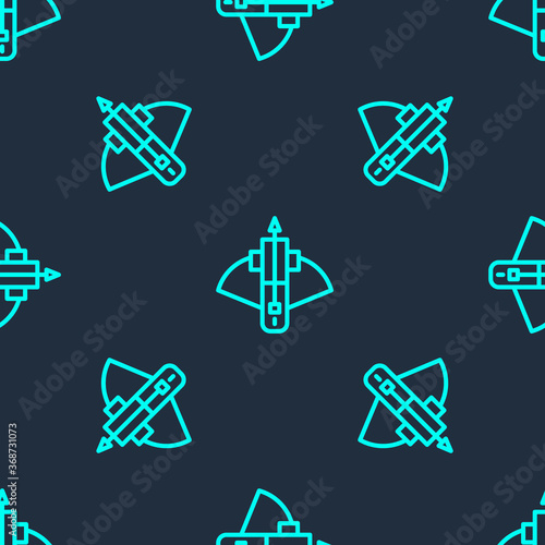Green line Battle crossbow with arrow icon isolated seamless pattern on blue background. Vector.