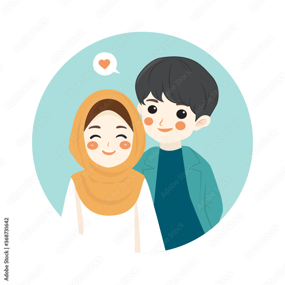 Modern muslim couple in love. Lovers spending time together on a date and proposal. Isolated flat vector illustration Modern muslim couple in love. Lovers spending time together on a date and proposal. Isolated flat vector illustration