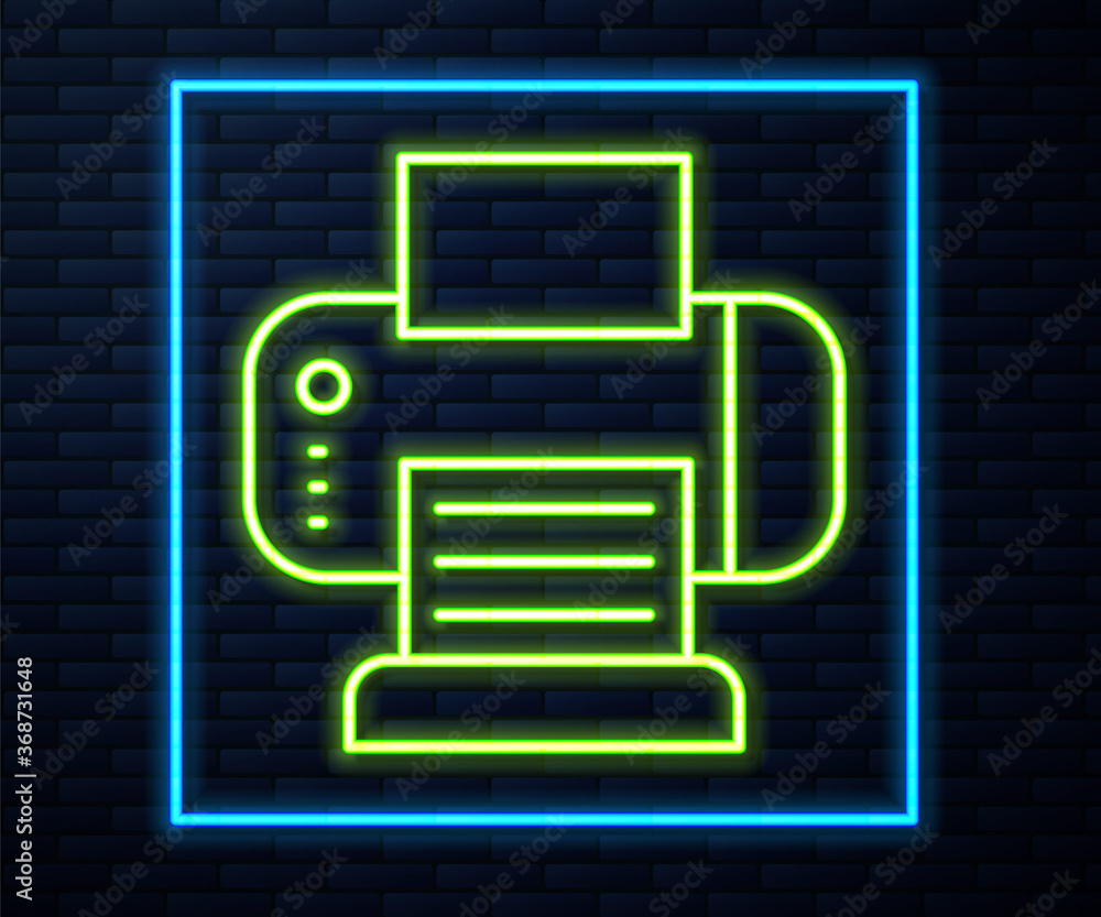 Glowing neon line Printer icon isolated on brick wall background. Vector. Glowing neon line Printer icon isolated on brick wall background. Vector.