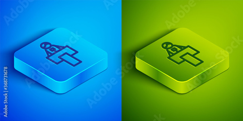Isometric line Stage stand or debate podium rostrum icon isolated on blue and green background. Conference speech tribune. Square button. Vector.