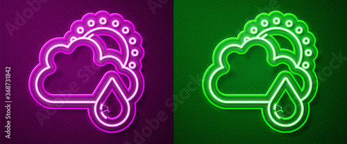 Glowing neon line Cloud with rain and sun icon isolated on purple and green background. Rain cloud precipitation with rain drops. Vector.