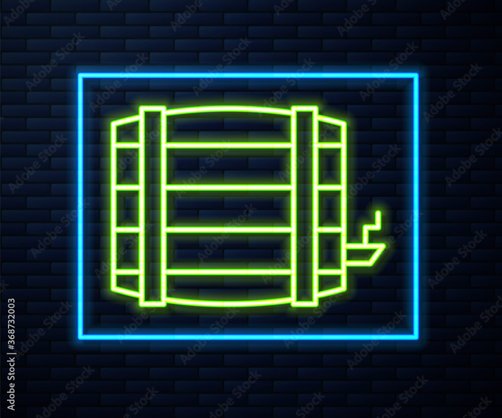 Glowing neon line Wooden barrel icon isolated on brick wall background. Alcohol barrel, drink container, wooden keg for beer, whiskey, wine. Vector. Glowing neon line Wooden barrel icon isolated on brick wall background. Alcohol barrel, drink container, wooden keg for beer, whiskey, wine. Vector.