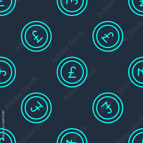 Green line Coin money with pound sterling symbol icon isolated seamless pattern on blue background. Banking currency sign. Cash symbol. Vector.