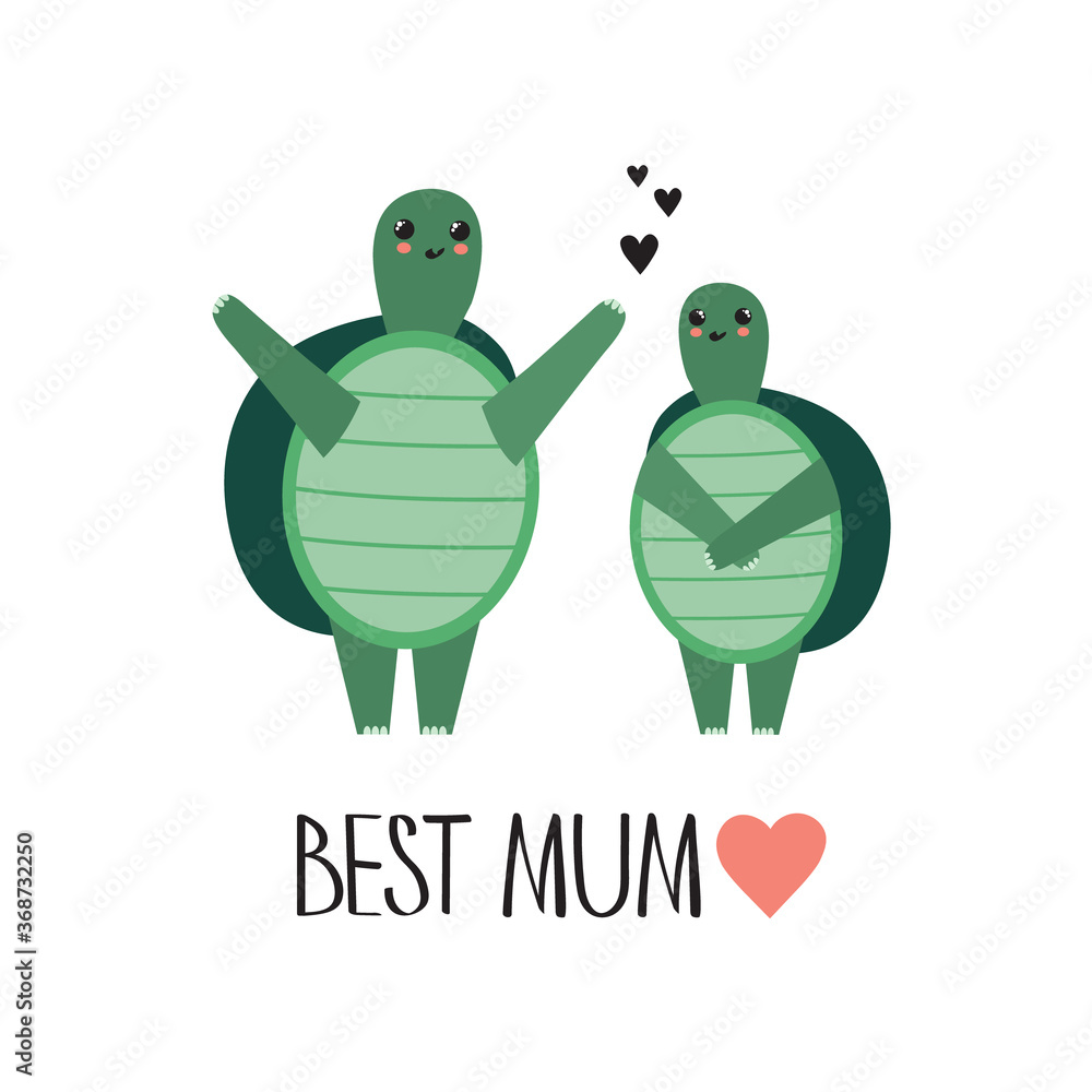 Obraz premium Decorative cute illustration with turtles and english text, poster design. Colorful background vector. Best mum. Cartoon wallpaper. Hand drawn backdrop. Mothers Day