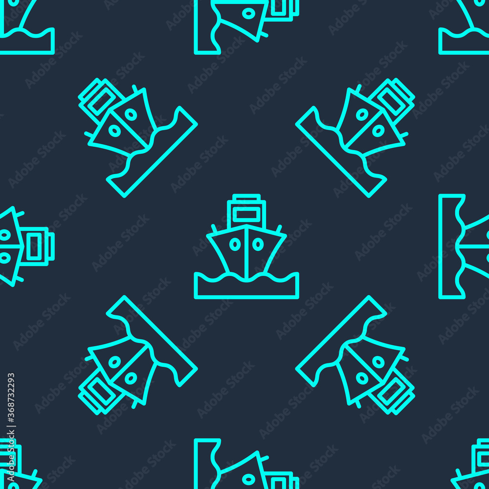 Green line Cargo ship icon isolated seamless pattern on blue background. Vector. Green line Cargo ship icon isolated seamless pattern on blue background. Vector.