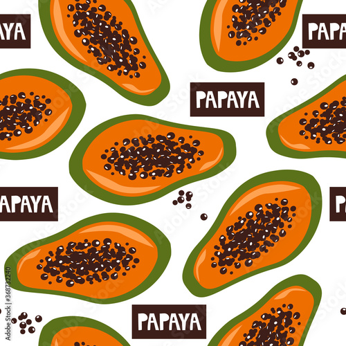 Papaya  english text  background. Hand drawn overlapping backdrop. Colorful wallpaper vector. Seamless pattern with fresh fruits. Decorative illustration  good for printing