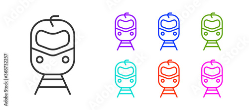 Black line Train and railway icon isolated on white background. Public transportation symbol. Subway train transport. Metro underground. Set icons colorful. Vector.