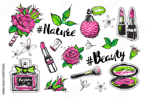 Set of isoleted elements: beauty, nature hashtag, flowers, lipstick, buds of roses, green leaves, french perfume, makeup brush, blush, perfume. Green natural makeup stickers and patches collection