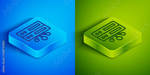 Isometric line Server, Data, Web Hosting icon isolated on blue and green background. Square button. Vector.