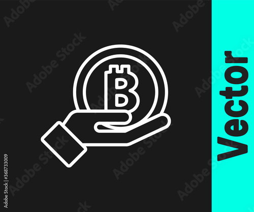 White line Hand holding Bitcoin icon isolated on black background. Blockchain technology, digital money market, cryptocoin wallet. Vector.