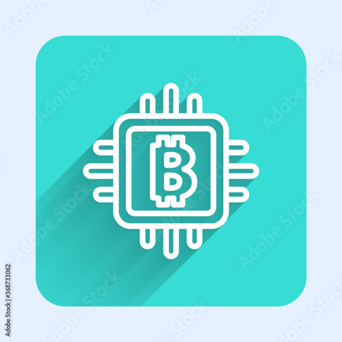White line CPU mining farm icon isolated with long shadow. Bitcoin sign inside processor. Cryptocurrency mining community. Digital money. Green square button. Vector.