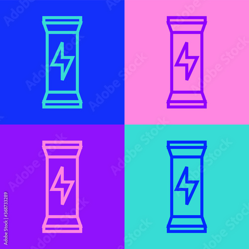Pop art line Sports nutrition bodybuilding proteine power drink and food icon isolated on color background. Vector.