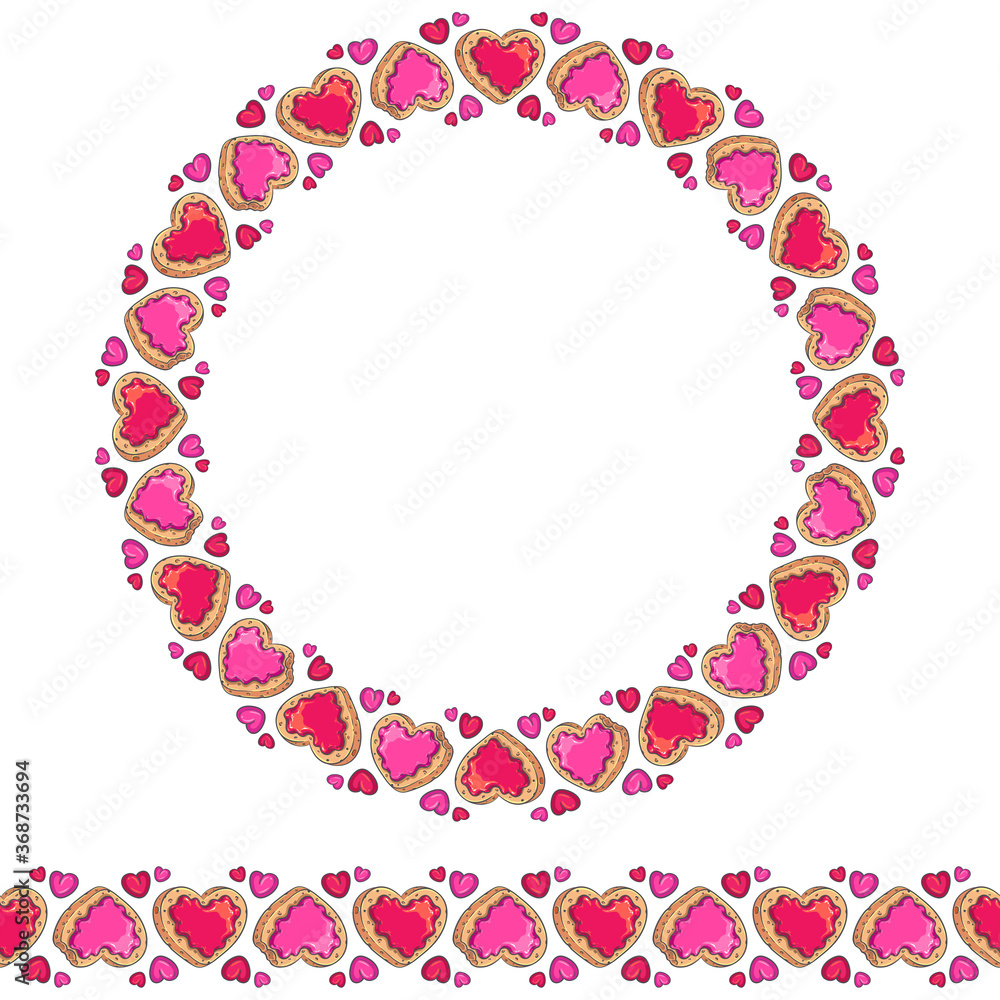 Heart shaped yummy desserts round frame and seamless border isolated on white background. Colorful vector illustration for Valentine’s Day, birthday party, wedding, food fests and other designs. Heart shaped yummy desserts round frame and seamless border isolated on white background. Colorful vector illustration for Valentine’s Day, birthday party, wedding, food fests and other designs.