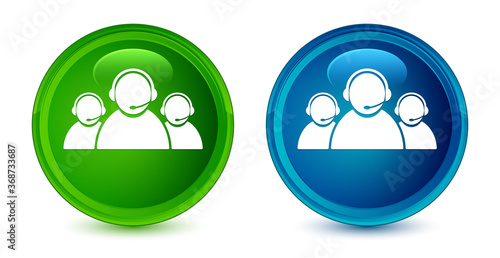 Customer care team icon artistic shiny glossy blue and green round button set