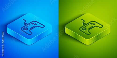 Isometric line Gamepad icon isolated on blue and green background. Game controller. Square button. Vector.