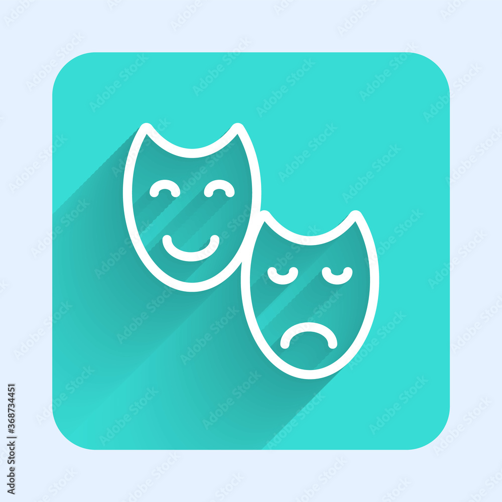 White line Comedy and tragedy theatrical masks icon isolated with long shadow. Green square button. Vector. White line Comedy and tragedy theatrical masks icon isolated with long shadow. Green square button. Vector.