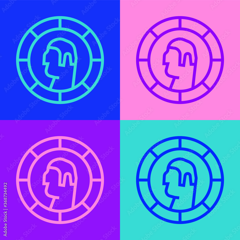 Pop art line Ancient Greek coin icon isolated on color background. Vector. Pop art line Ancient Greek coin icon isolated on color background. Vector.