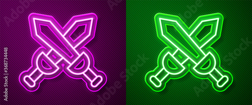 Glowing neon line Crossed medieval sword icon isolated on purple and green background. Medieval weapon. Vector.