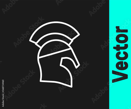 White line Greek helmet icon isolated on black background. Antiques helmet for head protection soldiers with a crest of feathers or horsehair. Vector.