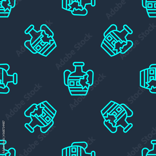 Green line Broken ancient amphorae icon isolated seamless pattern on blue background. Vector.