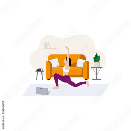 A slender girl is engaged in sports sitting at home near the sofa. Cozy home interior and home online training. Yoga and relaxation. Concept and infographics of online training, remote sports classes