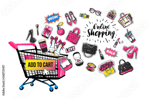 Online shopping concept illustration with shop cart and lot of fashion goods. Sale promo banner design. Online shopping stickers and patches collection. Vector fashion illustration in vogue style.
