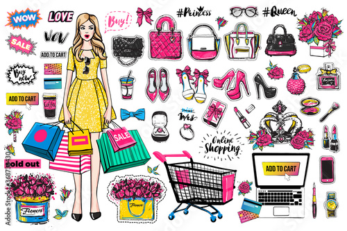 Online shopping stickers and patches super collection. Vector fashion illustration in vogue style.