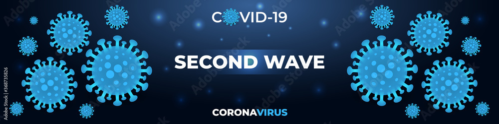 Coronavirus infection, second wave covid-19, dark blue medical banner. Dark wide vector background covid19 second wave concept. Pandemic coronavirus second wave wide banner.